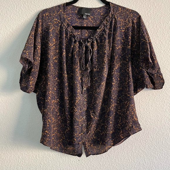 Greylin Tops - Greylin Navy and Mustard Printed Silk Blouse Size Small